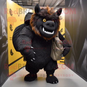 Black Woolly Rhinoceros mascot costume character dressed with a Jumpsuit and Backpacks