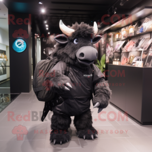 Black Woolly Rhinoceros mascot costume character dressed with a Jumpsuit and Backpacks