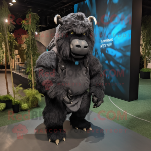 Black Woolly Rhinoceros mascot costume character dressed with a Jumpsuit and Backpacks