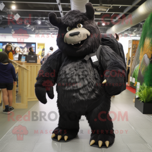 Black Woolly Rhinoceros mascot costume character dressed with a Jumpsuit and Backpacks