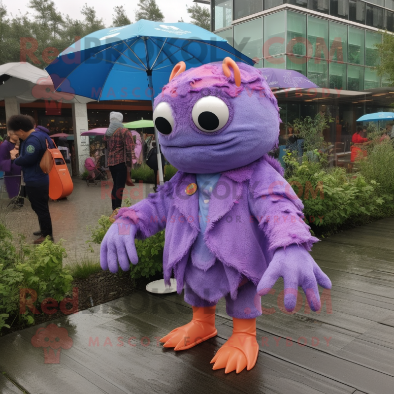 Lavender Crab mascot costume character dressed with a Raincoat and Hairpins