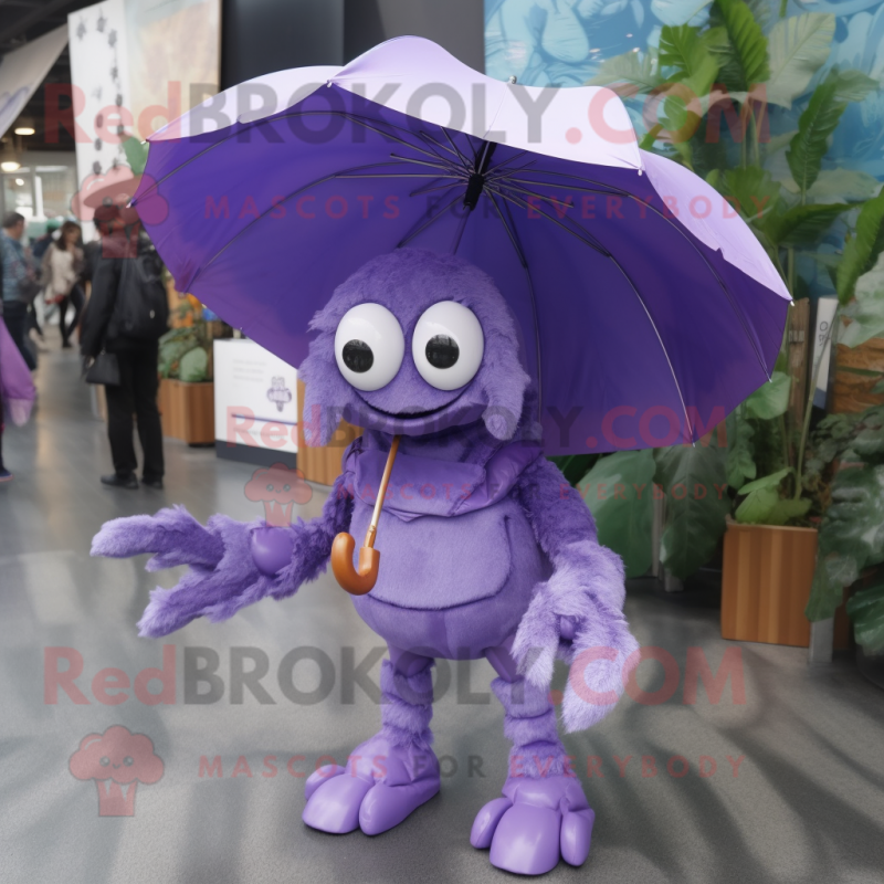 Lavender Crab mascot costume character dressed with a Raincoat and Hairpins