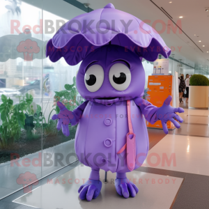 Lavender Crab mascot costume character dressed with a Raincoat and Hairpins