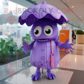 Lavender Crab mascot costume character dressed with a Raincoat and Hairpins