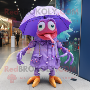 Lavender Crab mascot costume character dressed with a Raincoat and Hairpins