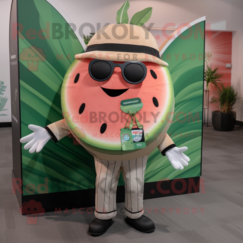 Tan Watermelon mascot costume character dressed with a Suit Jacket and Headbands