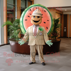Tan Watermelon mascot costume character dressed with a Suit Jacket and Headbands