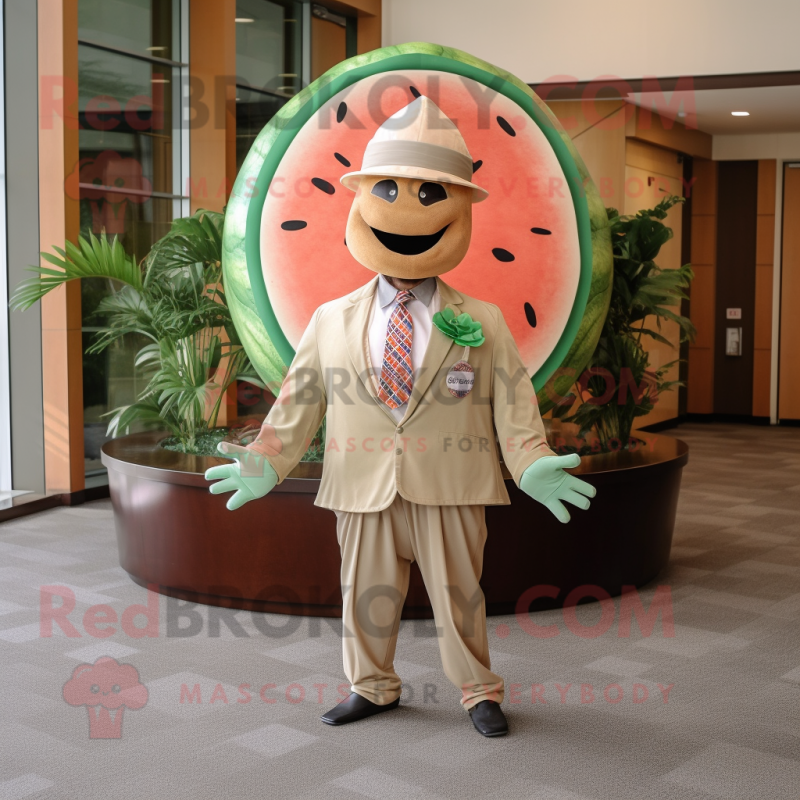 Tan Watermelon mascot costume character dressed with a Suit Jacket and Headbands