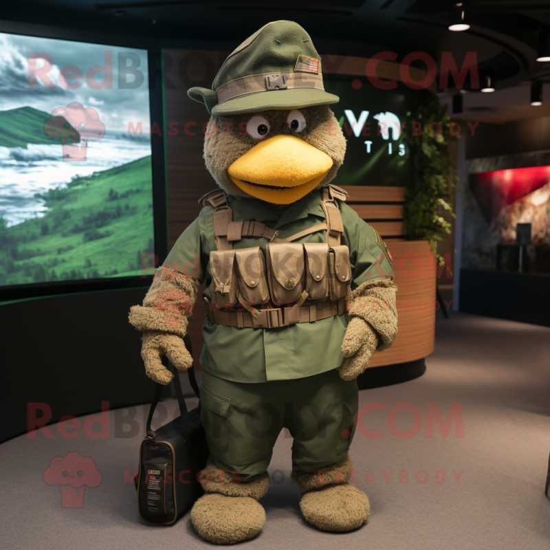 Rust Green Beret mascot costume character dressed with a V-Neck Tee and Handbags Rust Green Beret mascot costume character dressed with a V-Neck Tee and Handbags