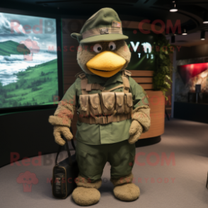 Rust Green Beret mascot costume character dressed with a V-Neck Tee and Handbags