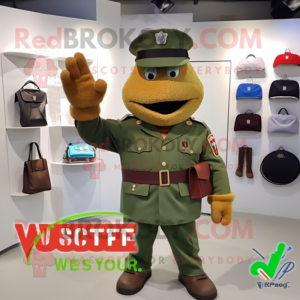 Rust Green Beret mascot costume character dressed with a V-Neck Tee and Handbags