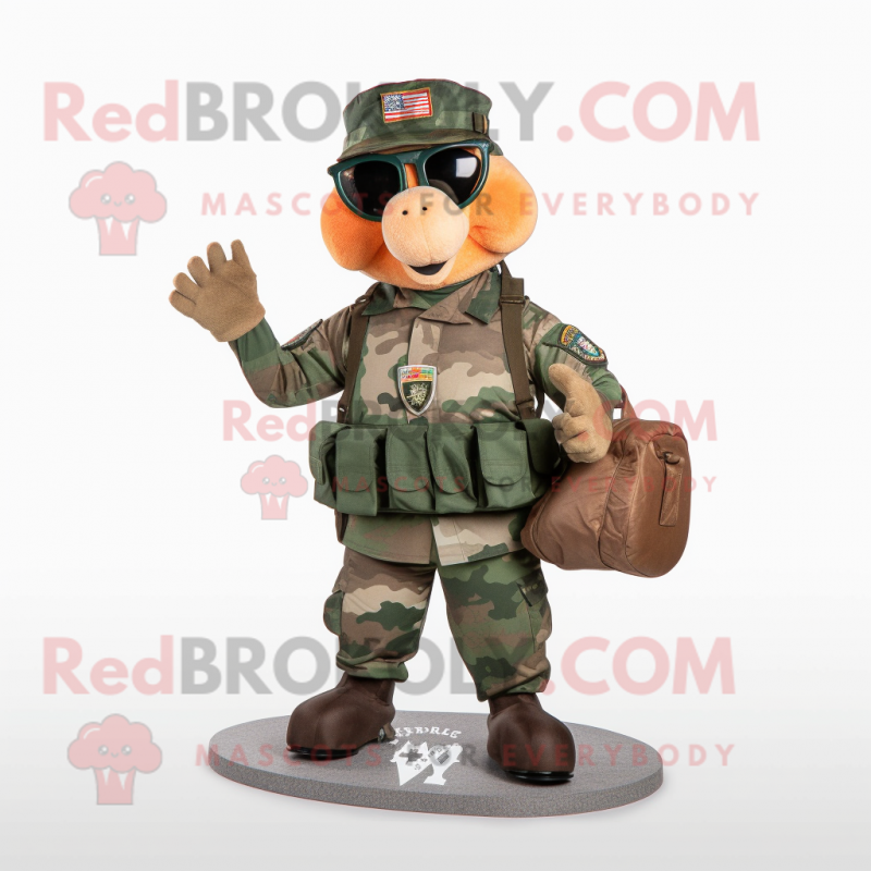Rust Green Beret mascot costume character dressed with a V-Neck Tee and Handbags Rust Green Beret mascot costume character dressed with a V-Neck Tee and Handbags