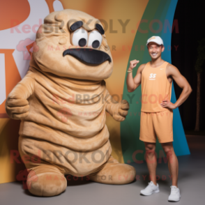 Tan Croissant mascot costume character dressed with a Tank Top and Watches