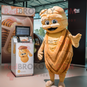 Tan Croissant mascot costume character dressed with a Tank Top and Watches
