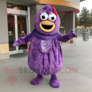 Purple Bagels mascot costume character dressed with a A-Line Dress and Scarf clips