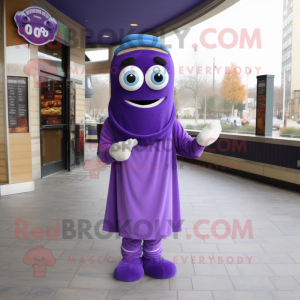 Purple Bagels mascot costume character dressed with a A-Line Dress and Scarf clips