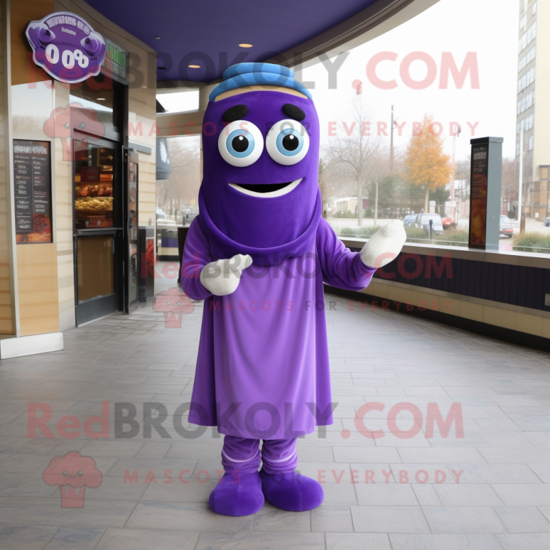 Purple Bagels mascot costume character dressed with a A-Line Dress and Scarf clips Purple Bagels mascot costume character dressed with a A-Line Dress and Scarf clips