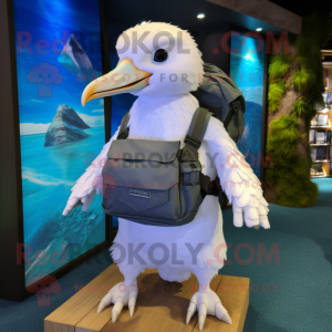 White Albatross mascot costume character dressed with a Bermuda Shorts and Backpacks