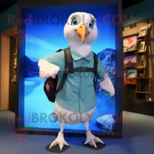 White Albatross mascot costume character dressed with a Bermuda Shorts and Backpacks