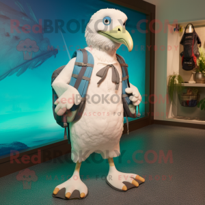 White Albatross mascot costume character dressed with a Bermuda Shorts and Backpacks