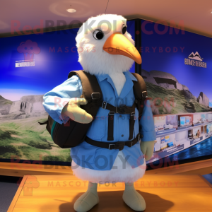 White Albatross mascot costume character dressed with a Bermuda Shorts and Backpacks