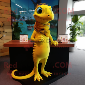 Yellow Geckos mascot costume character dressed with a Polo Tee and Shawl pins