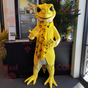 Yellow Geckos mascot costume character dressed with a Polo Tee and Shawl pins