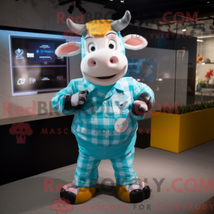 Cyaan koe mascottekostuum...