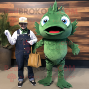 Forest Green Fish Tacos mascot costume character dressed with a Overalls and Messenger bags