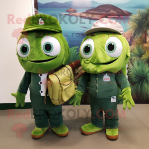 Forest Green Fish Tacos mascot costume character dressed with a Overalls and Messenger bags