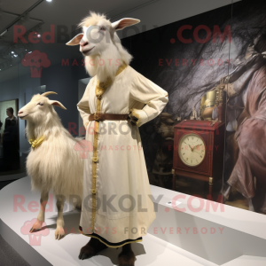 Cream Boer Goat mascot costume character dressed with a Midi Dress and Watches