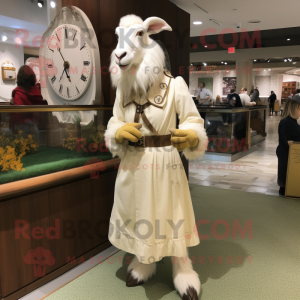 Cream Boer Goat mascot costume character dressed with a Midi Dress and Watches