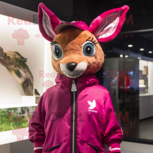 Magenta Roe Deer mascot costume character dressed with a Windbreaker and Earrings