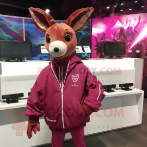 Magenta Roe Deer mascot costume character dressed with a Windbreaker and Earrings