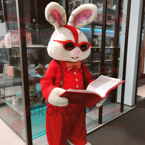 Red Rabbit mascot costume character dressed with a Dress Shirt and Reading glasses