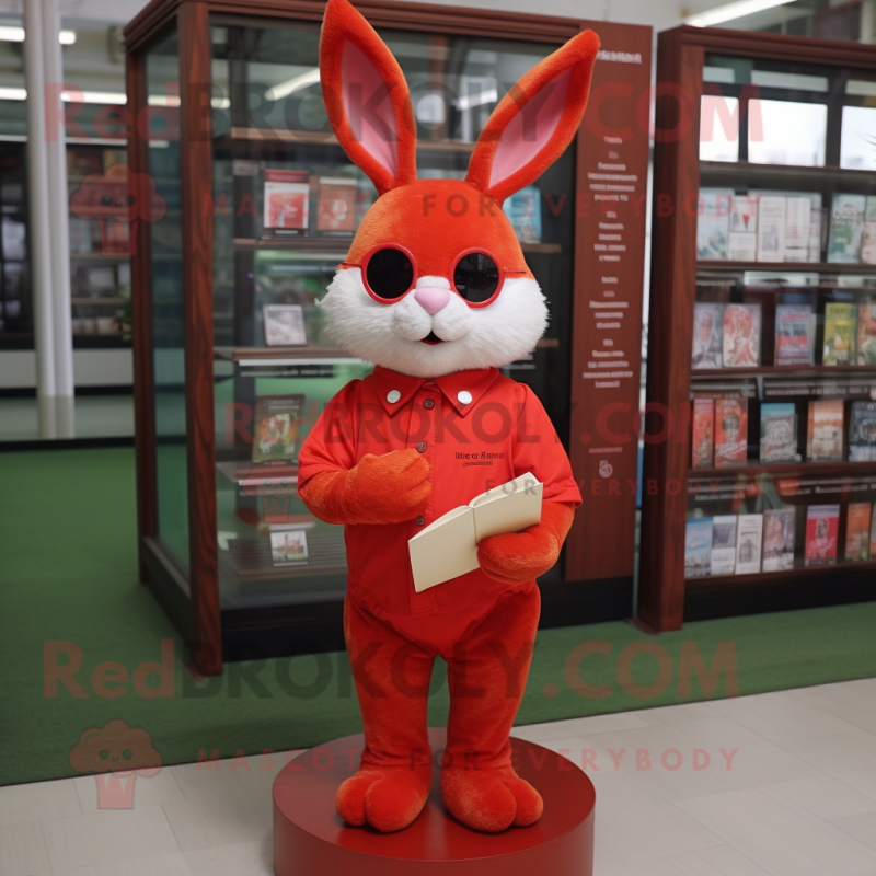 Red Rabbit mascot costume character dressed with a Dress Shirt and Reading glasses