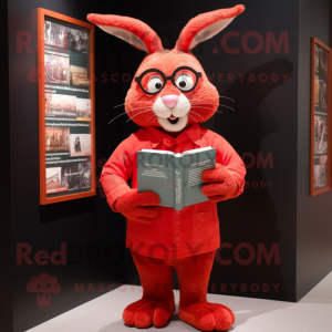 Red Rabbit mascot costume character dressed with a Dress Shirt and Reading glasses