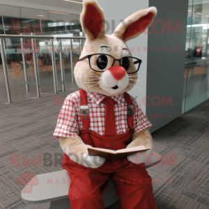 Red Rabbit mascot costume character dressed with a Dress Shirt and Reading glasses