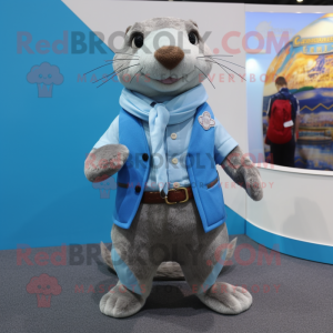 Sky Blue Otter mascot costume character dressed with a Waistcoat and Scarf clips