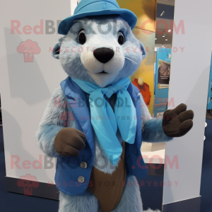 Sky Blue Otter mascot costume character dressed with a Waistcoat and Scarf clips