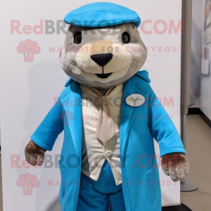 Sky Blue Otter mascot costume character dressed with a Waistcoat and Scarf clips