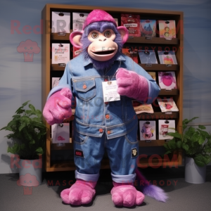 Magenta Chimpanzee mascot costume character dressed with a Chambray Shirt and Coin purses