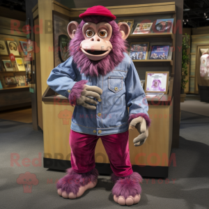 Magenta Chimpanzee mascot costume character dressed with a Chambray Shirt and Coin purses