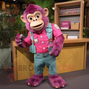 Magenta Chimpanzee mascot costume character dressed with a Chambray Shirt and Coin purses