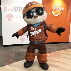 Rust Juggle mascot costume character dressed with a Moto Jacket and Messenger bags