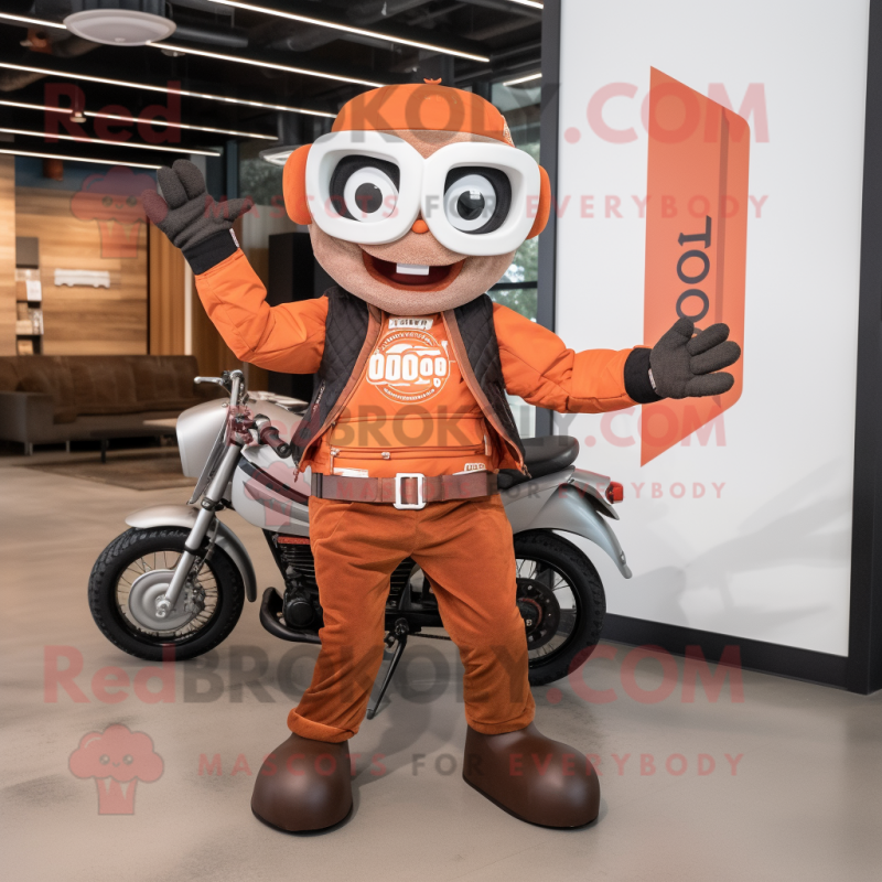 Rust Juggle mascot costume character dressed with a Moto Jacket and Messenger bags Rust Juggle mascot costume character dressed with a Moto Jacket and Messenger bags