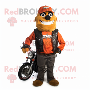 Rust Juggle mascot costume character dressed with a Moto Jacket and Messenger bags