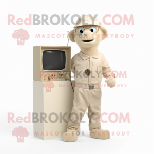 Beige Television mascot costume character dressed with a Jumpsuit and Bracelet watches