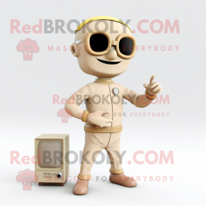 Beige Television mascot costume character dressed with a Jumpsuit and Bracelet watches