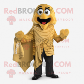 Gold Jambalaya mascot costume character dressed with a Suit Jacket and Wraps